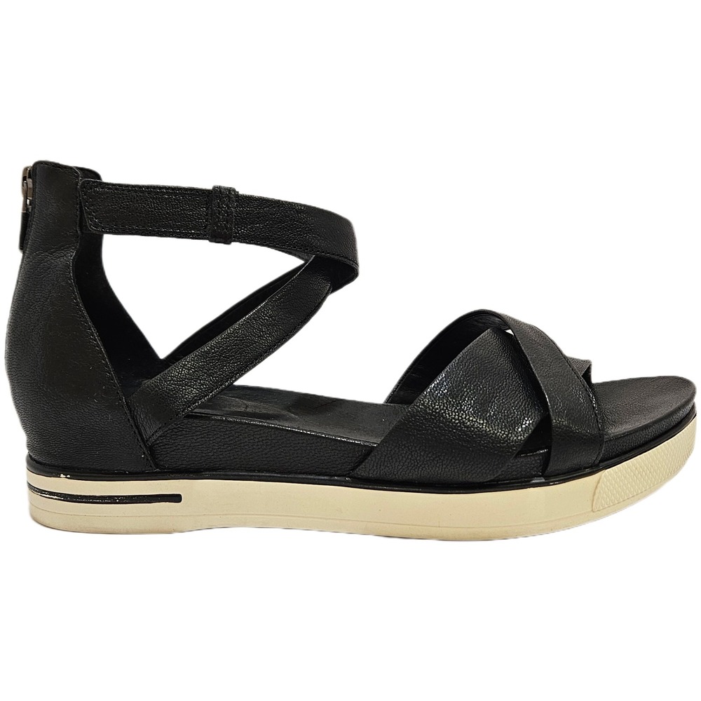 Black Leather Eileen Fisher Sally Platform Wedge‎ Crisscross Sandals Size 9.5